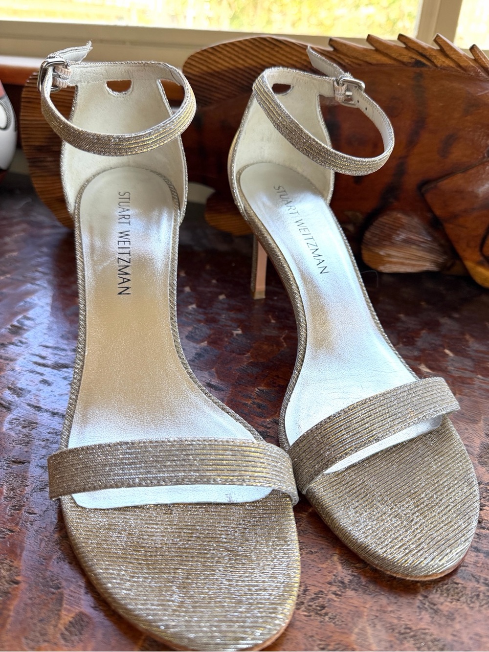 Stuart Weitzman Sparkle Glitter Strappy Heels Silver Gold 9M Wedding Nudist 75 - Picture 4 of 11